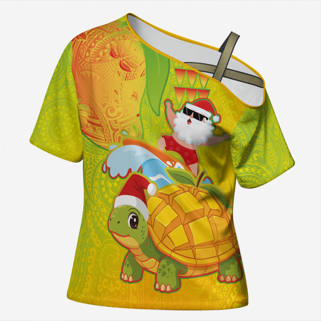 Hawaiian Mango Mele Kalikimaka Cross Shoulder Shirt Santa Claus Surfing with Turtle Mango Christmas