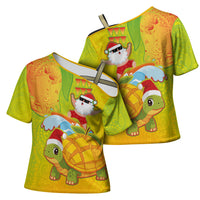 Hawaiian Mango Mele Kalikimaka Cross Shoulder Shirt Santa Claus Surfing with Turtle Mango Christmas