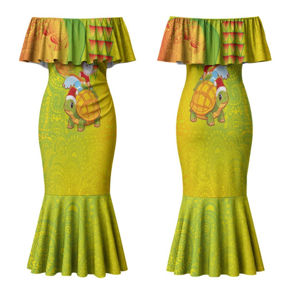 Hawaiian Mango Mele Kalikimaka Family Matching Mermaid Dress and Hawaiian Shirt Santa Claus Surfing with Turtle Mango Christmas