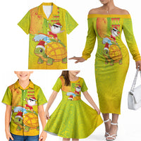 Hawaiian Mango Mele Kalikimaka Family Matching Off The Shoulder Long Sleeve Dress and Hawaiian Shirt Santa Claus Surfing with Turtle Mango Christmas