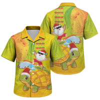 Hawaiian Mango Mele Kalikimaka Family Matching Off The Shoulder Long Sleeve Dress and Hawaiian Shirt Santa Claus Surfing with Turtle Mango Christmas