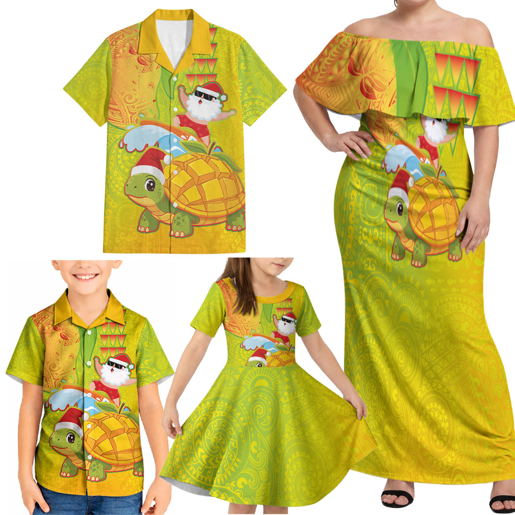 Hawaiian Mango Mele Kalikimaka Family Matching Off Shoulder Maxi Dress and Hawaiian Shirt Santa Claus Surfing with Turtle Mango Christmas