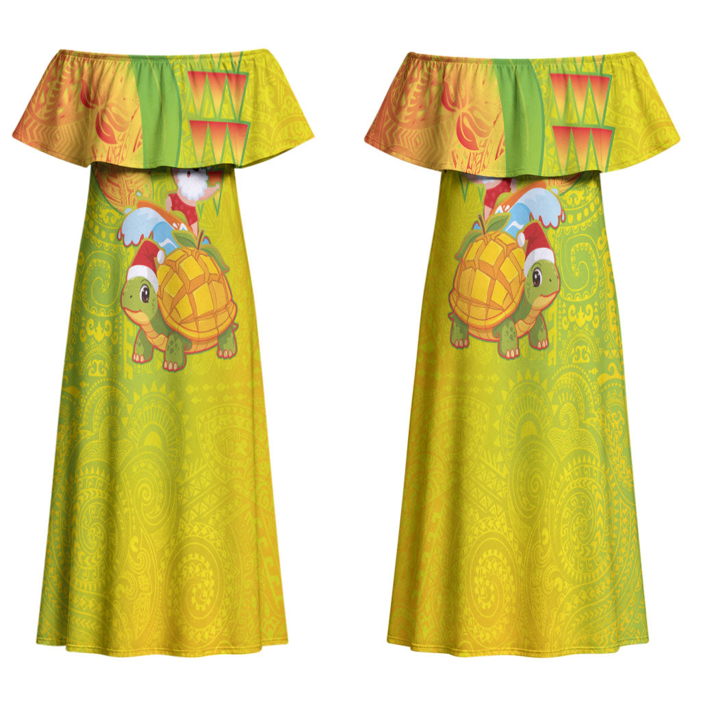 Hawaiian Mango Mele Kalikimaka Family Matching Off Shoulder Maxi Dress and Hawaiian Shirt Santa Claus Surfing with Turtle Mango Christmas