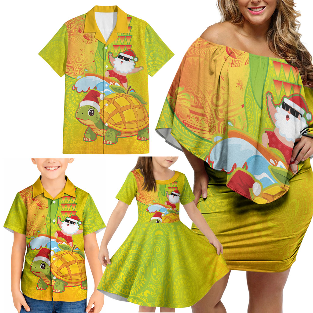 Hawaiian Mango Mele Kalikimaka Family Matching Off Shoulder Short Dress and Hawaiian Shirt Santa Claus Surfing with Turtle Mango Christmas