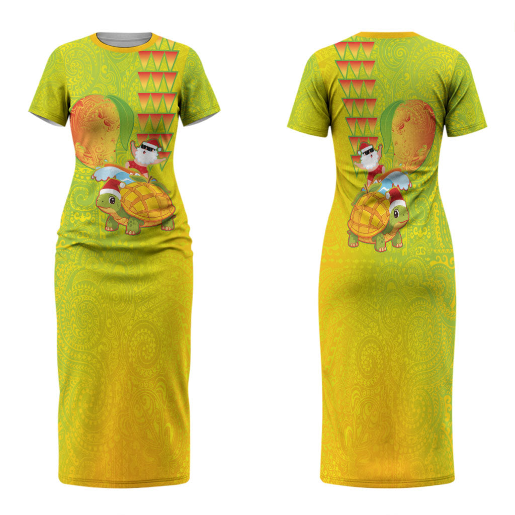 Hawaiian Mango Mele Kalikimaka Family Matching Short Sleeve Bodycon Dress and Hawaiian Shirt Santa Claus Surfing with Turtle Mango Christmas
