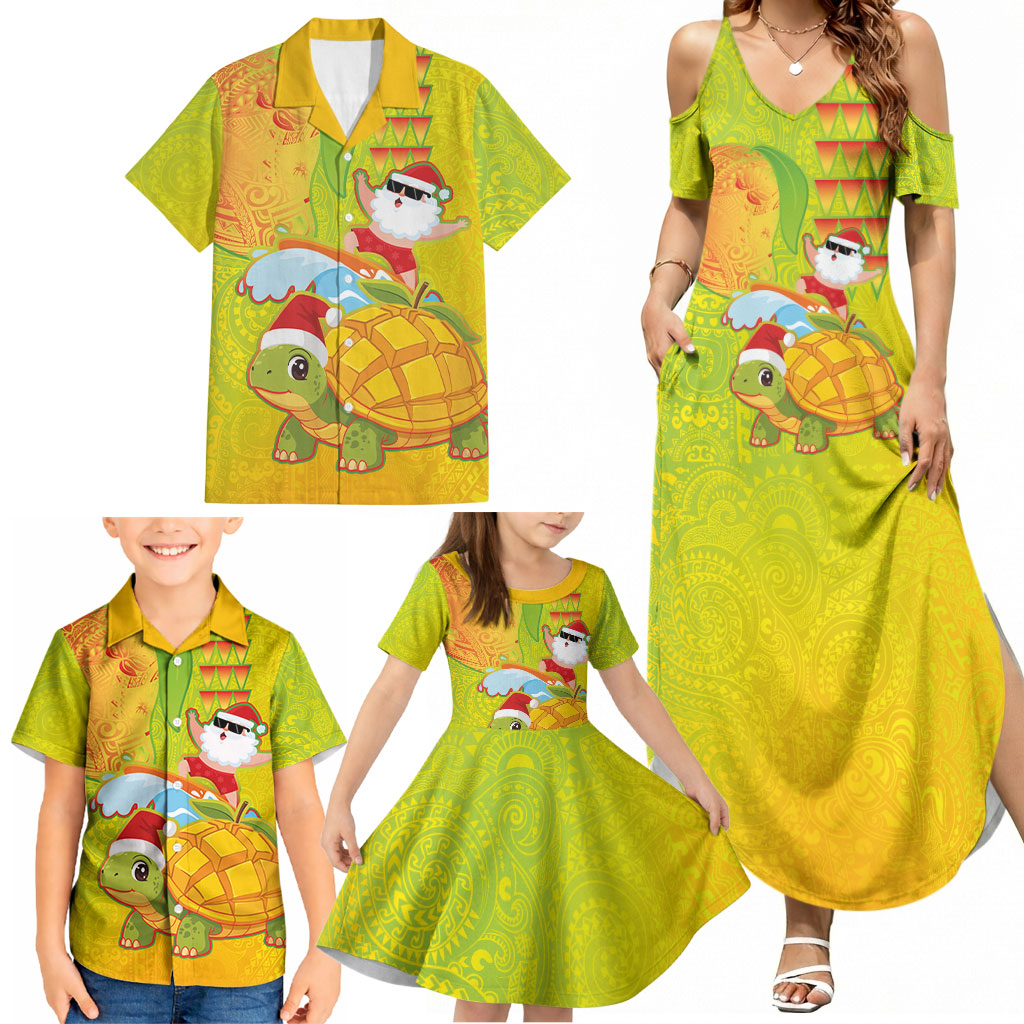 Hawaiian Mango Mele Kalikimaka Family Matching Summer Maxi Dress and Hawaiian Shirt Santa Claus Surfing with Turtle Mango Christmas