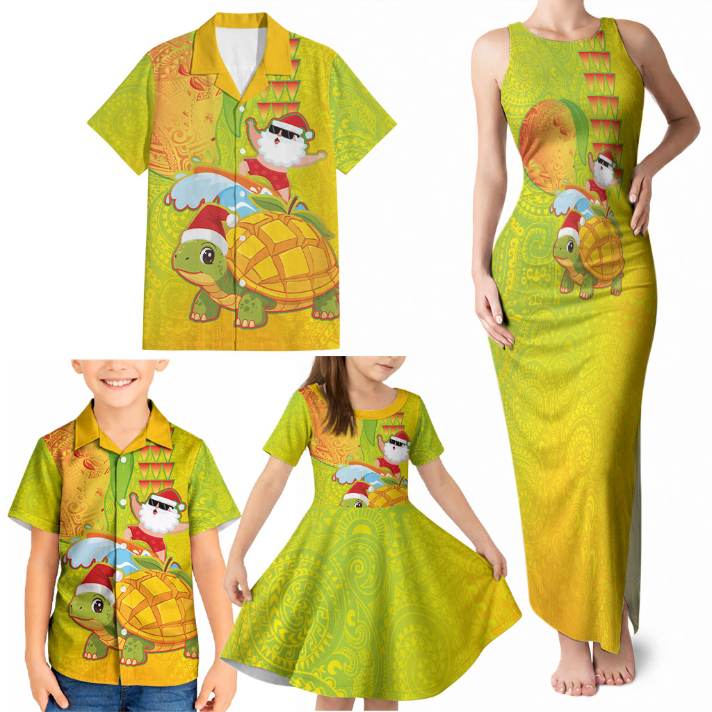 Hawaiian Mango Mele Kalikimaka Family Matching Tank Maxi Dress and Hawaiian Shirt Santa Claus Surfing with Turtle Mango Christmas
