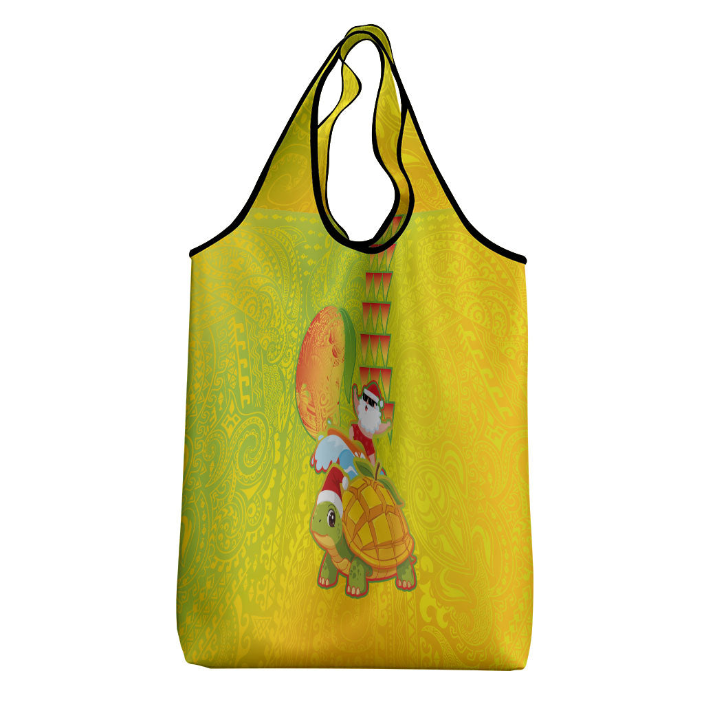 Hawaiian Mango Mele Kalikimaka Grocery Bag Santa Claus Surfing with Turtle Mango Christmas