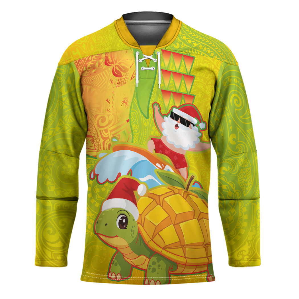 Hawaiian Mango Mele Kalikimaka Hockey Jersey Santa Claus Surfing with Turtle Mango Christmas