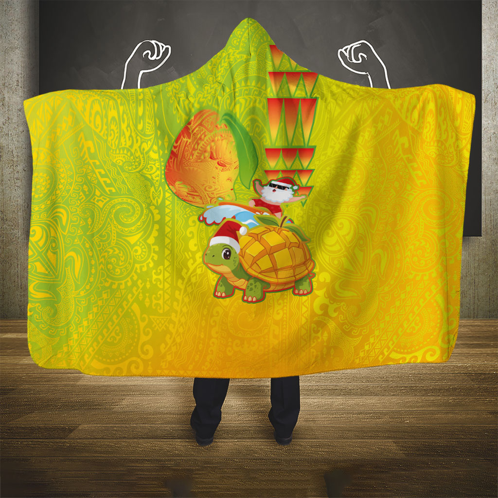 Hawaiian Mango Mele Kalikimaka Hooded Blanket Santa Claus Surfing with Turtle Mango Christmas