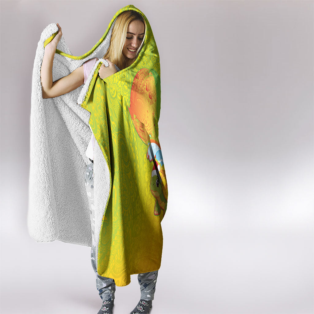Hawaiian Mango Mele Kalikimaka Hooded Blanket Santa Claus Surfing with Turtle Mango Christmas
