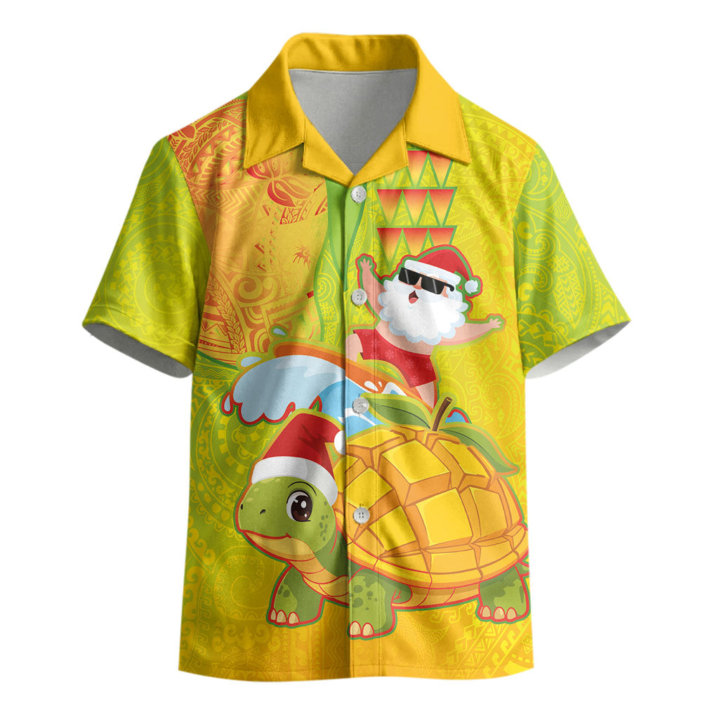 Hawaiian Mango Mele Kalikimaka Kid Hawaiian Shirt Santa Claus Surfing with Turtle Mango Christmas