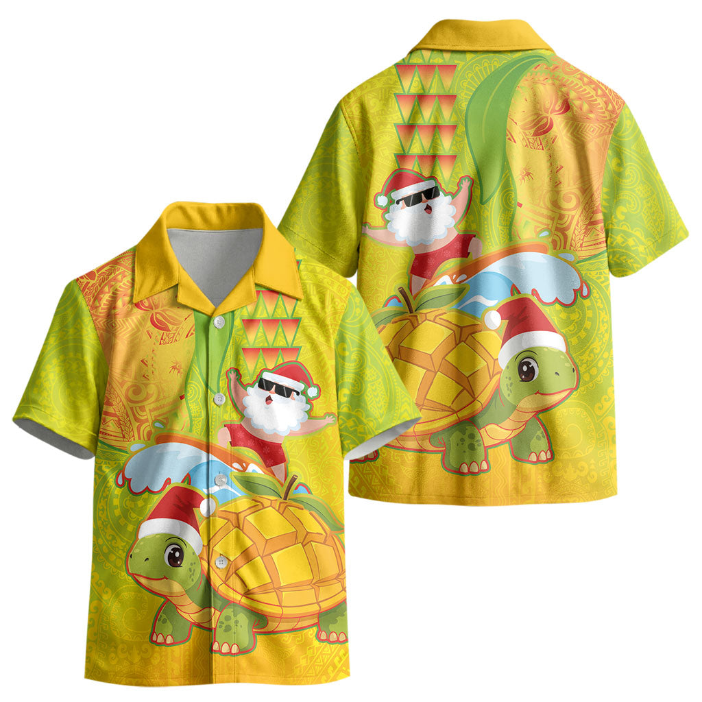 Hawaiian Mango Mele Kalikimaka Kid Hawaiian Shirt Santa Claus Surfing with Turtle Mango Christmas