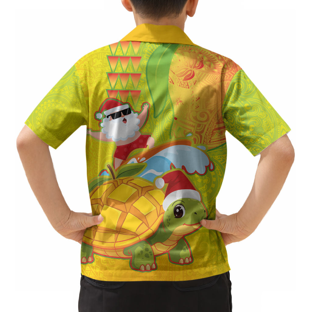 Hawaiian Mango Mele Kalikimaka Kid Hawaiian Shirt Santa Claus Surfing with Turtle Mango Christmas