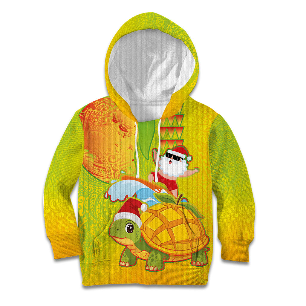 Hawaiian Mango Mele Kalikimaka Kid Hoodie Santa Claus Surfing with Turtle Mango Christmas