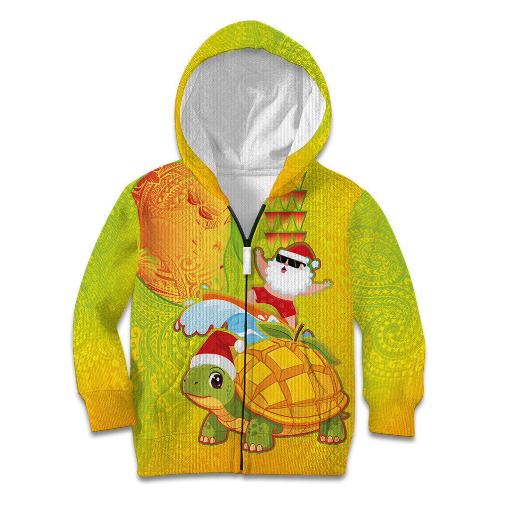 Hawaiian Mango Mele Kalikimaka Kid Hoodie Santa Claus Surfing with Turtle Mango Christmas