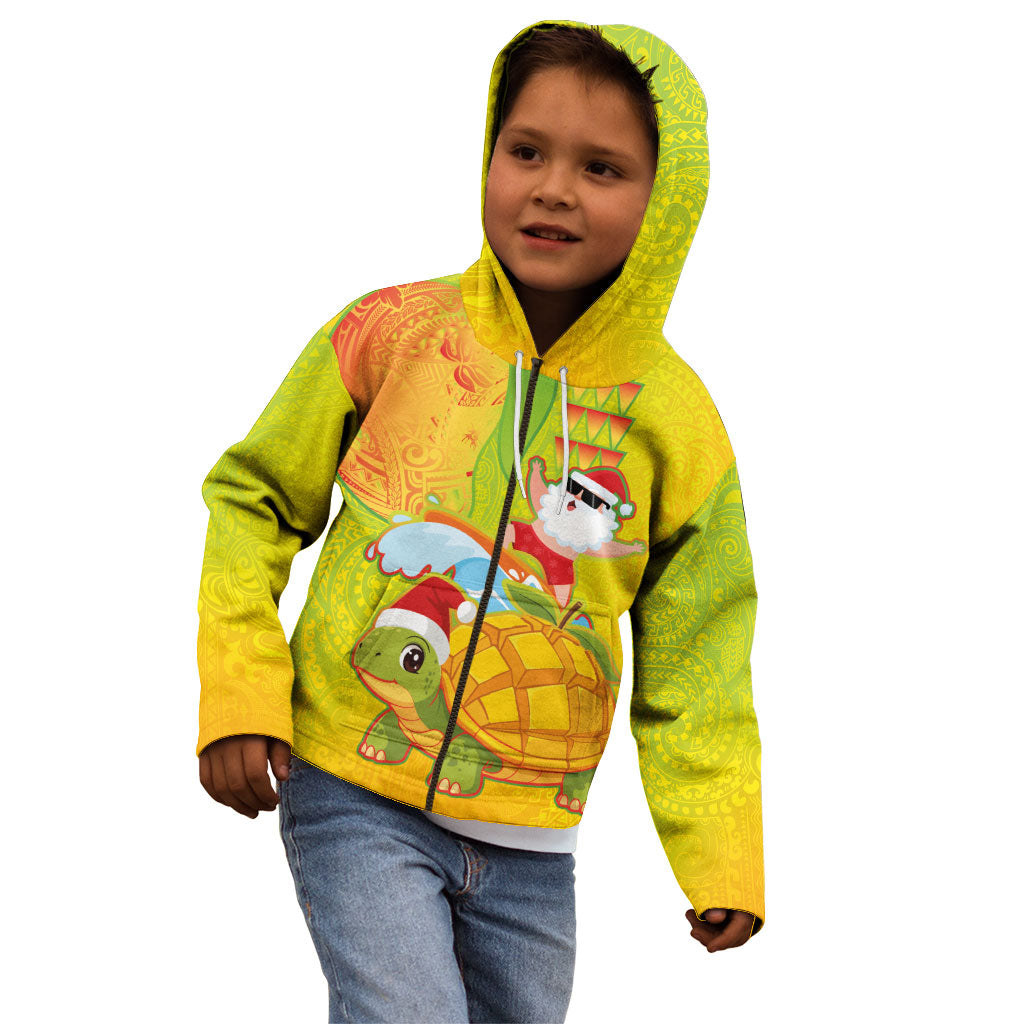 Hawaiian Mango Mele Kalikimaka Kid Hoodie Santa Claus Surfing with Turtle Mango Christmas