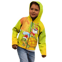 Hawaiian Mango Mele Kalikimaka Kid Hoodie Santa Claus Surfing with Turtle Mango Christmas