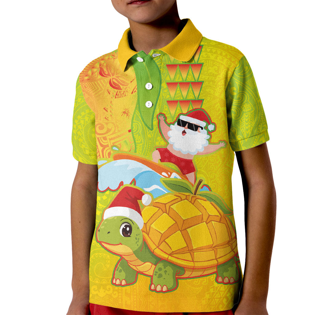 Hawaiian Mango Mele Kalikimaka Kid Polo Shirt Santa Claus Surfing with Turtle Mango Christmas