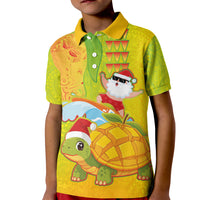 Hawaiian Mango Mele Kalikimaka Kid Polo Shirt Santa Claus Surfing with Turtle Mango Christmas