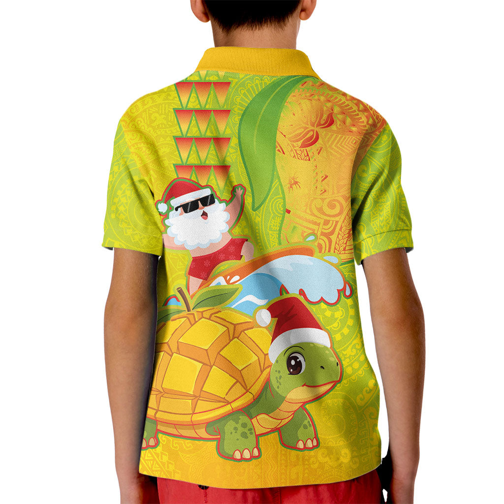 Hawaiian Mango Mele Kalikimaka Kid Polo Shirt Santa Claus Surfing with Turtle Mango Christmas