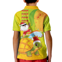 Hawaiian Mango Mele Kalikimaka Kid Polo Shirt Santa Claus Surfing with Turtle Mango Christmas