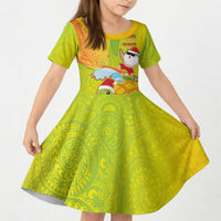 Hawaiian Mango Mele Kalikimaka Kid Short Sleeve Dress Santa Claus Surfing with Turtle Mango Christmas