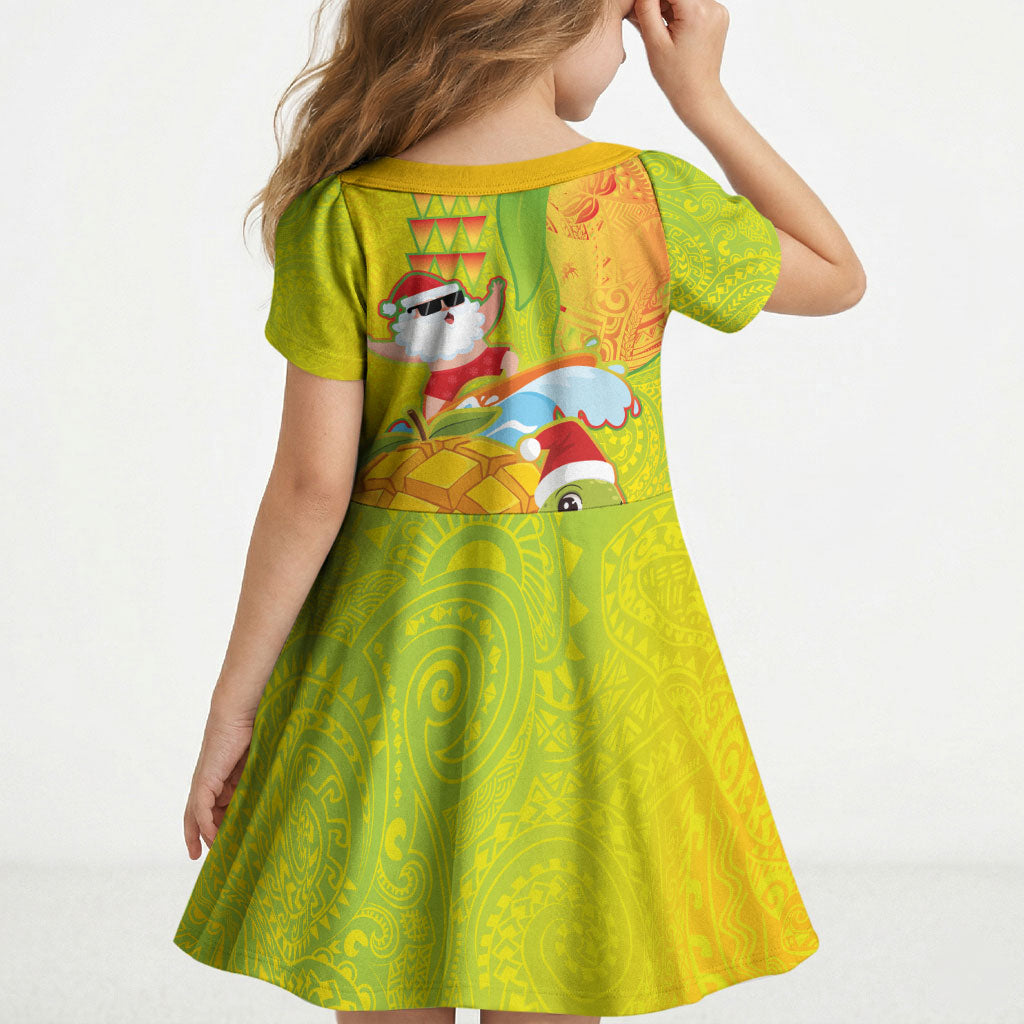 Hawaiian Mango Mele Kalikimaka Kid Short Sleeve Dress Santa Claus Surfing with Turtle Mango Christmas