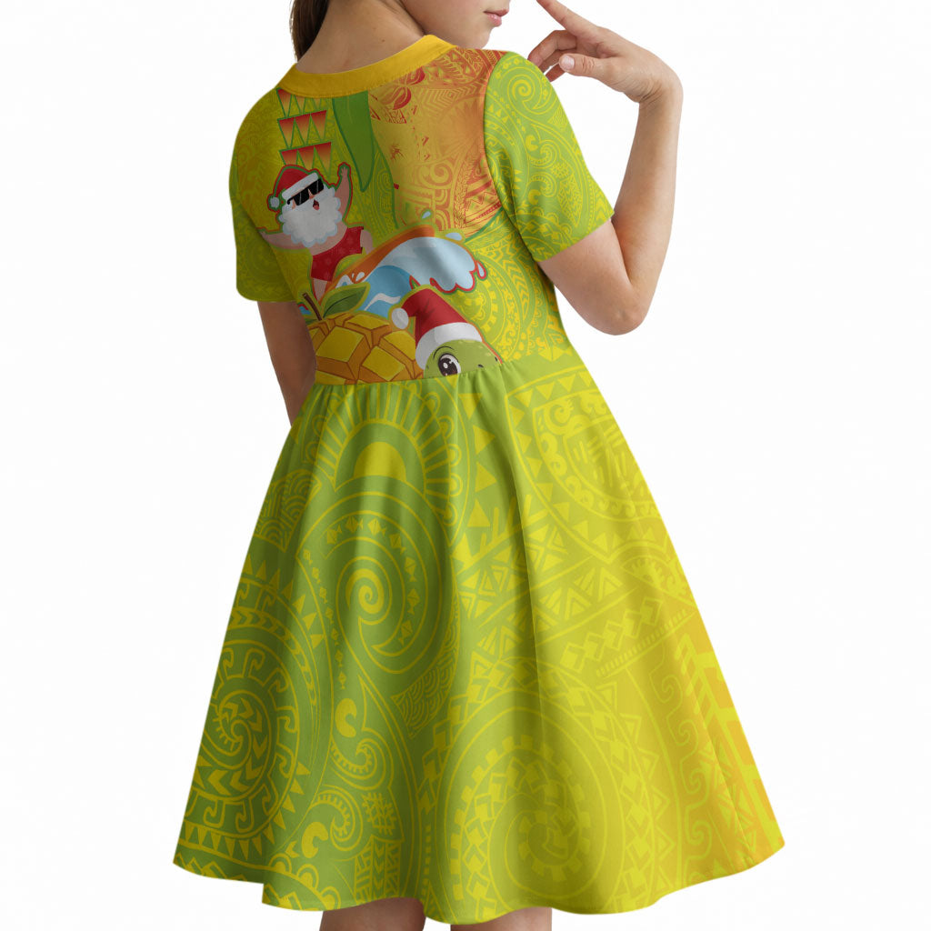 Hawaiian Mango Mele Kalikimaka Kid Short Sleeve Dress Santa Claus Surfing with Turtle Mango Christmas