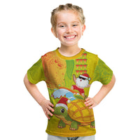 Hawaiian Mango Mele Kalikimaka Kid T Shirt Santa Claus Surfing with Turtle Mango Christmas