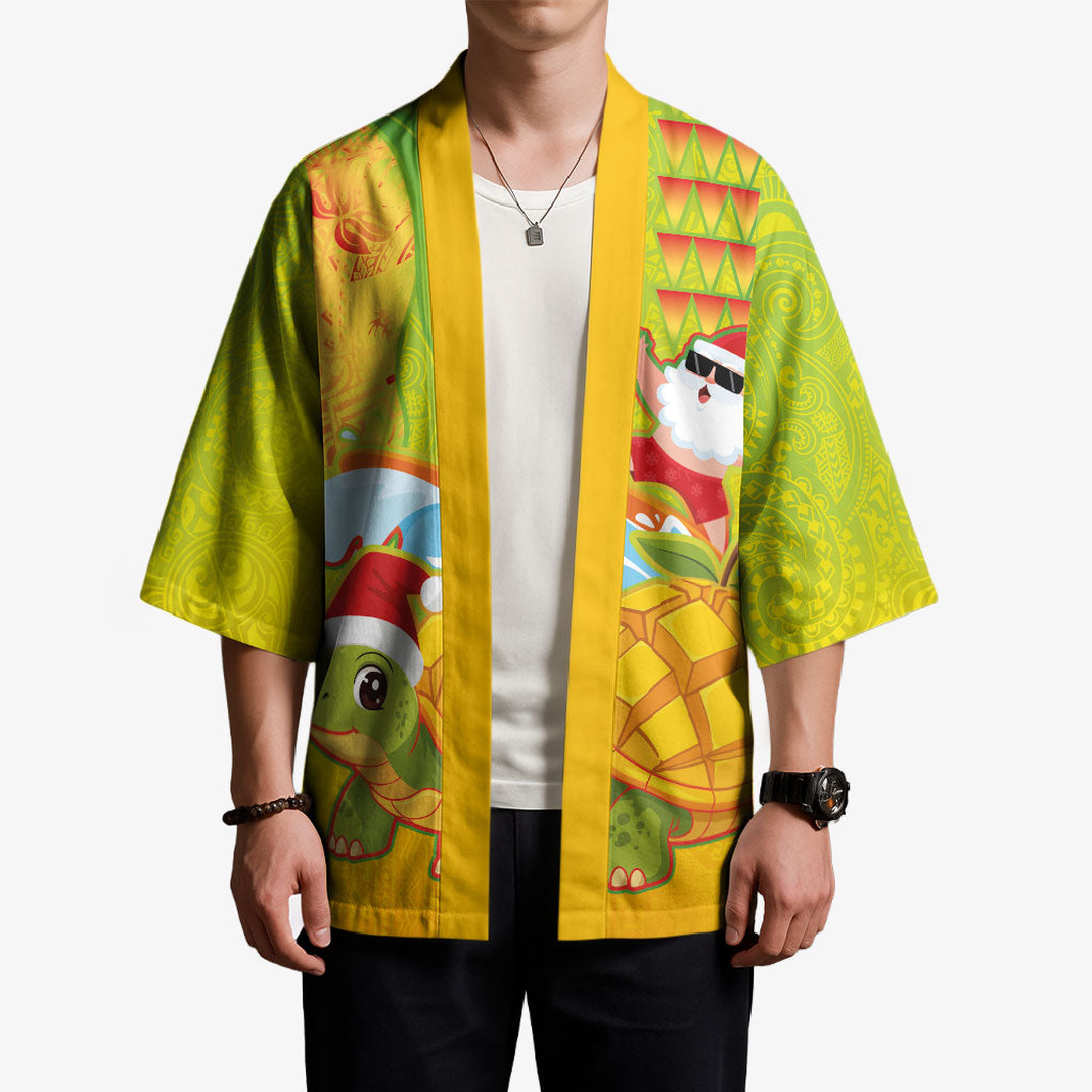 Hawaiian Mango Mele Kalikimaka Kimono Santa Claus Surfing with Turtle Mango Christmas