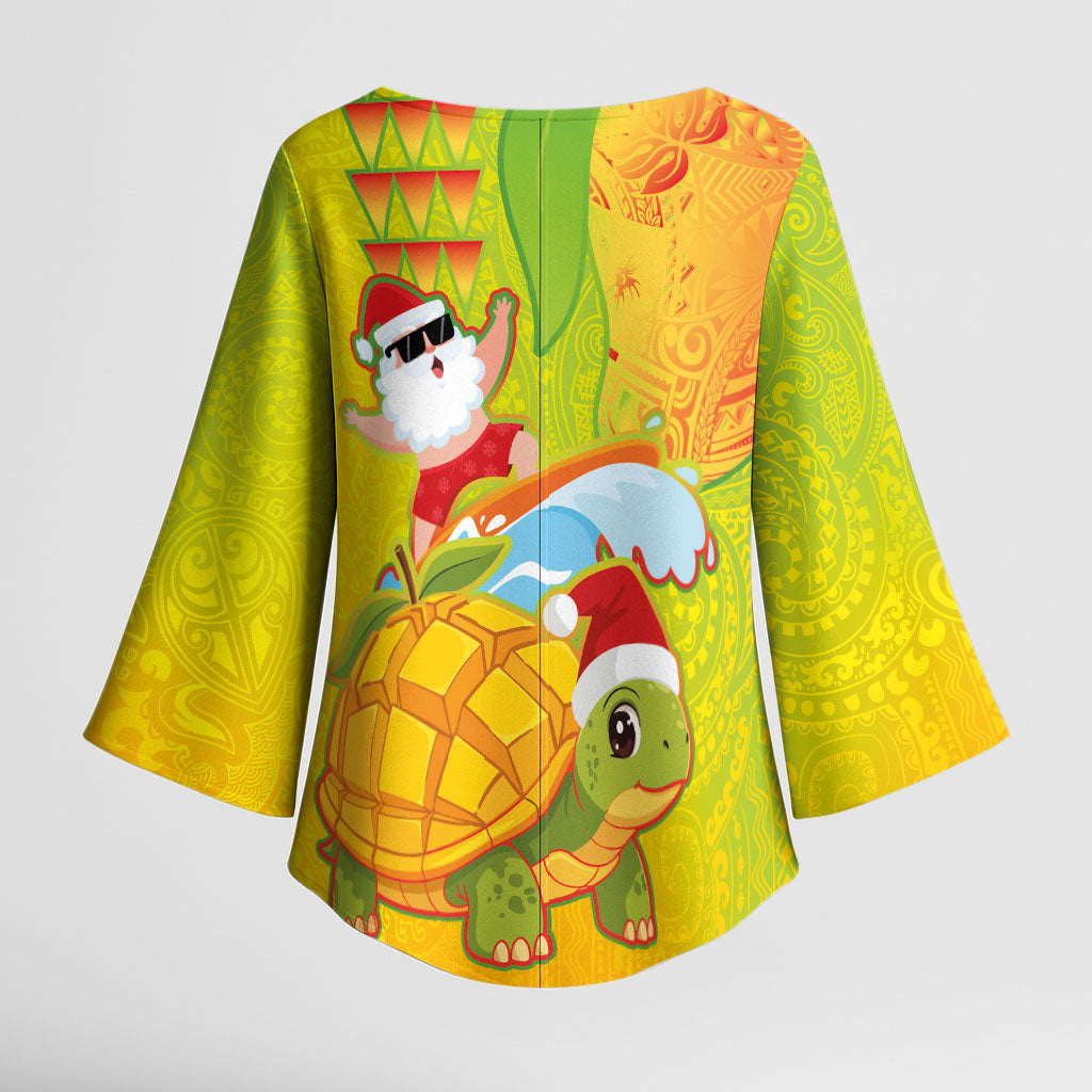Hawaiian Mango Mele Kalikimaka Kimono Sleeve Blouse Santa Claus Surfing with Turtle Mango Christmas