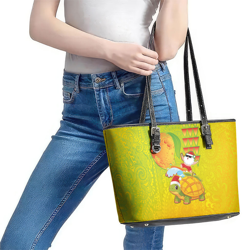 Hawaiian Mango Mele Kalikimaka Leather Tote Bag Santa Claus Surfing with Turtle Mango Christmas
