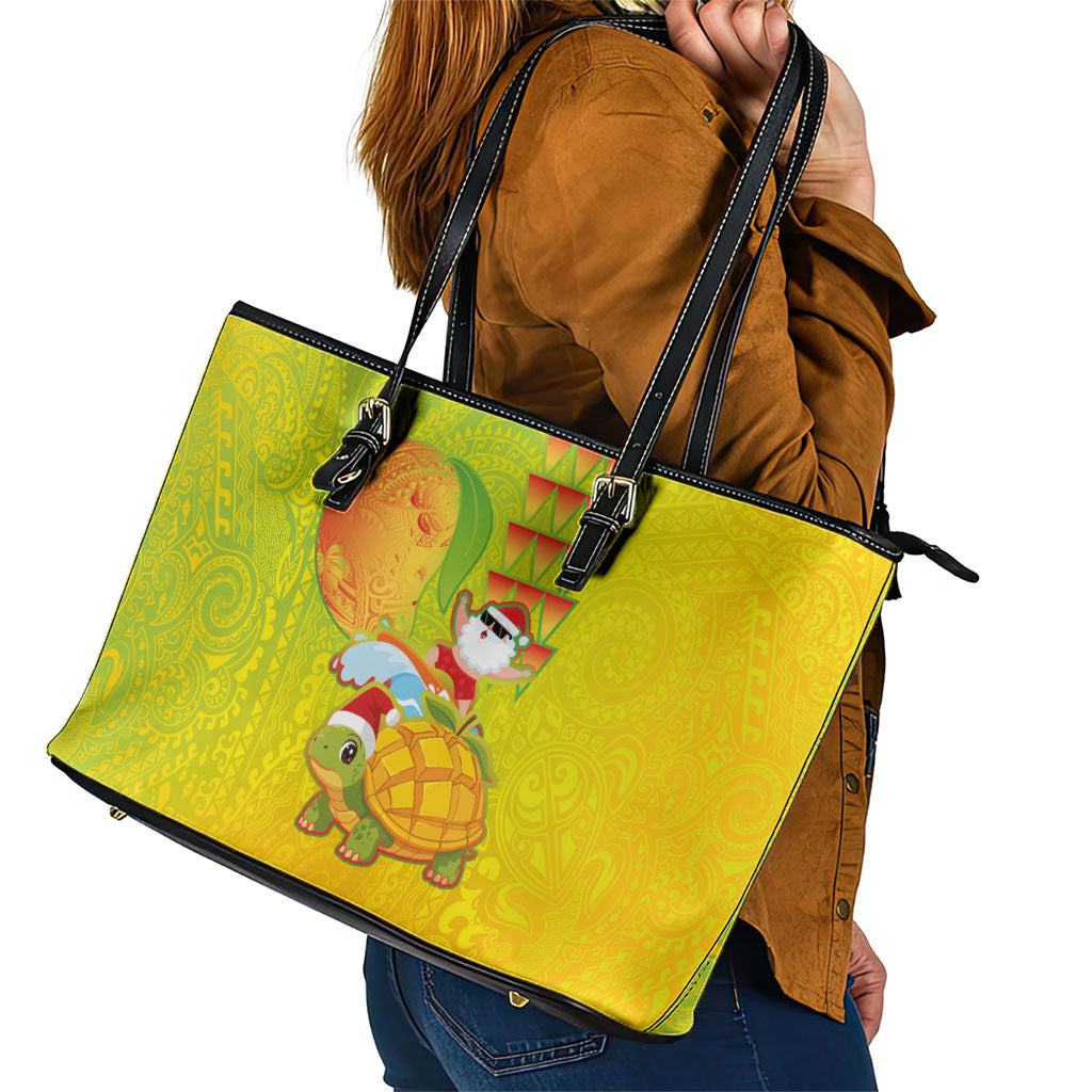 Hawaiian Mango Mele Kalikimaka Leather Tote Bag Santa Claus Surfing with Turtle Mango Christmas