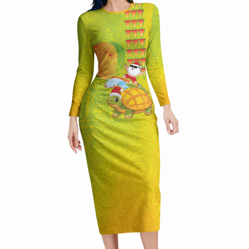 Hawaiian Mango Mele Kalikimaka Long Sleeve Bodycon Dress Santa Claus Surfing with Turtle Mango Christmas