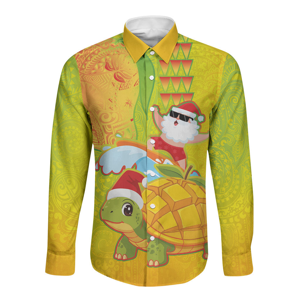 Hawaiian Mango Mele Kalikimaka Long Sleeve Button Shirt Santa Claus Surfing with Turtle Mango Christmas