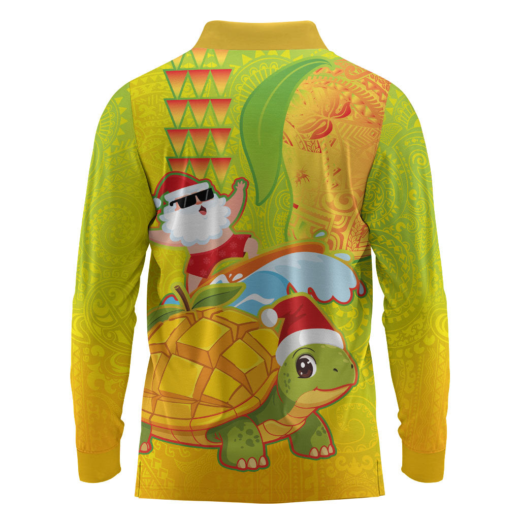 Hawaiian Mango Mele Kalikimaka Long Sleeve Polo Shirt Santa Claus Surfing with Turtle Mango Christmas