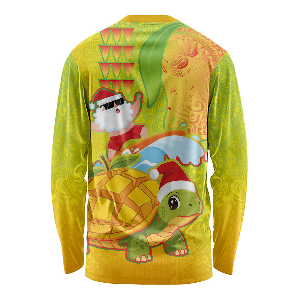 Hawaiian Mango Mele Kalikimaka Long Sleeve Shirt Santa Claus Surfing with Turtle Mango Christmas