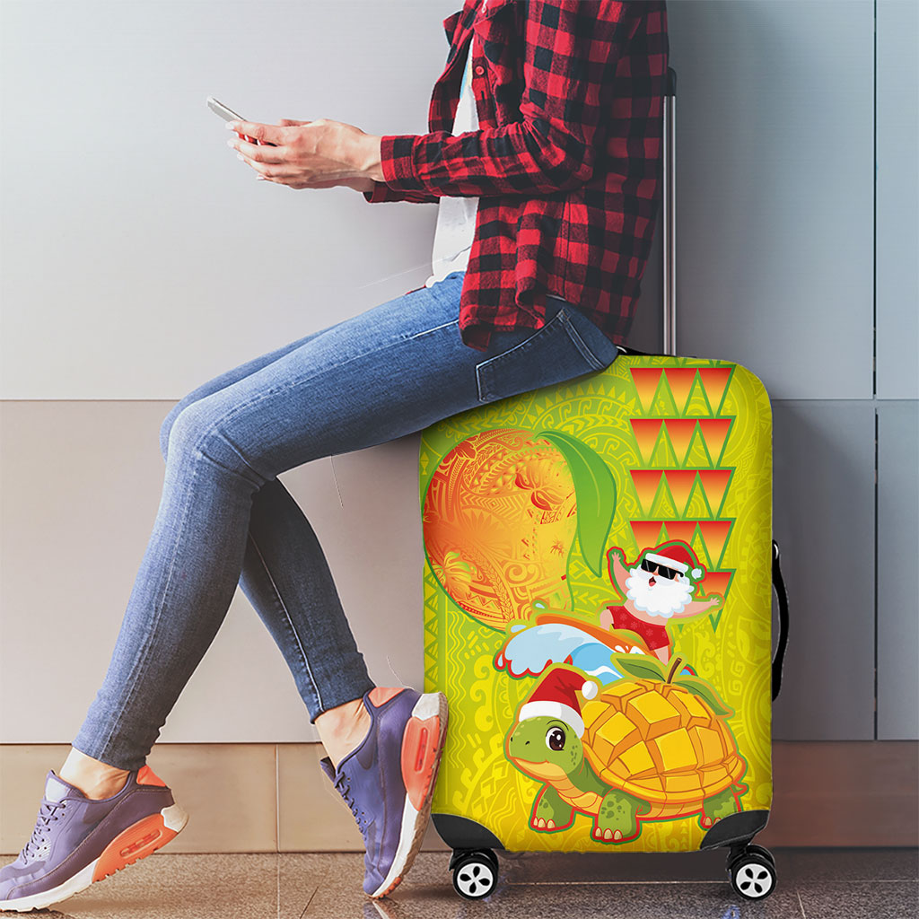 Hawaiian Mango Mele Kalikimaka Luggage Cover Santa Claus Surfing with Turtle Mango Christmas