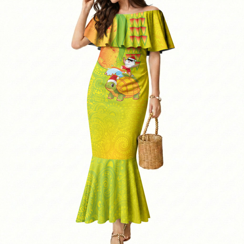 Hawaiian Mango Mele Kalikimaka Mermaid Dress Santa Claus Surfing with Turtle Mango Christmas
