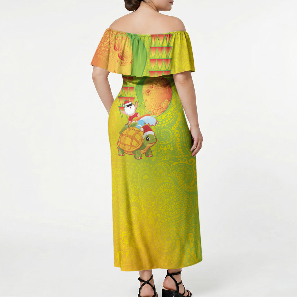 Hawaiian Mango Mele Kalikimaka Off Shoulder Maxi Dress Santa Claus Surfing with Turtle Mango Christmas