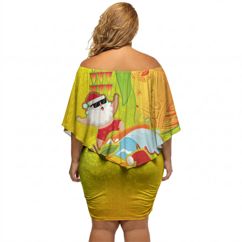 Hawaiian Mango Mele Kalikimaka Off Shoulder Short Dress Santa Claus Surfing with Turtle Mango Christmas