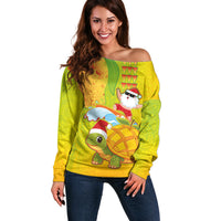Hawaiian Mango Mele Kalikimaka Off Shoulder Sweater Santa Claus Surfing with Turtle Mango Christmas