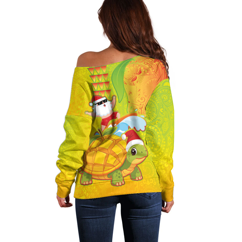 Hawaiian Mango Mele Kalikimaka Off Shoulder Sweater Santa Claus Surfing with Turtle Mango Christmas