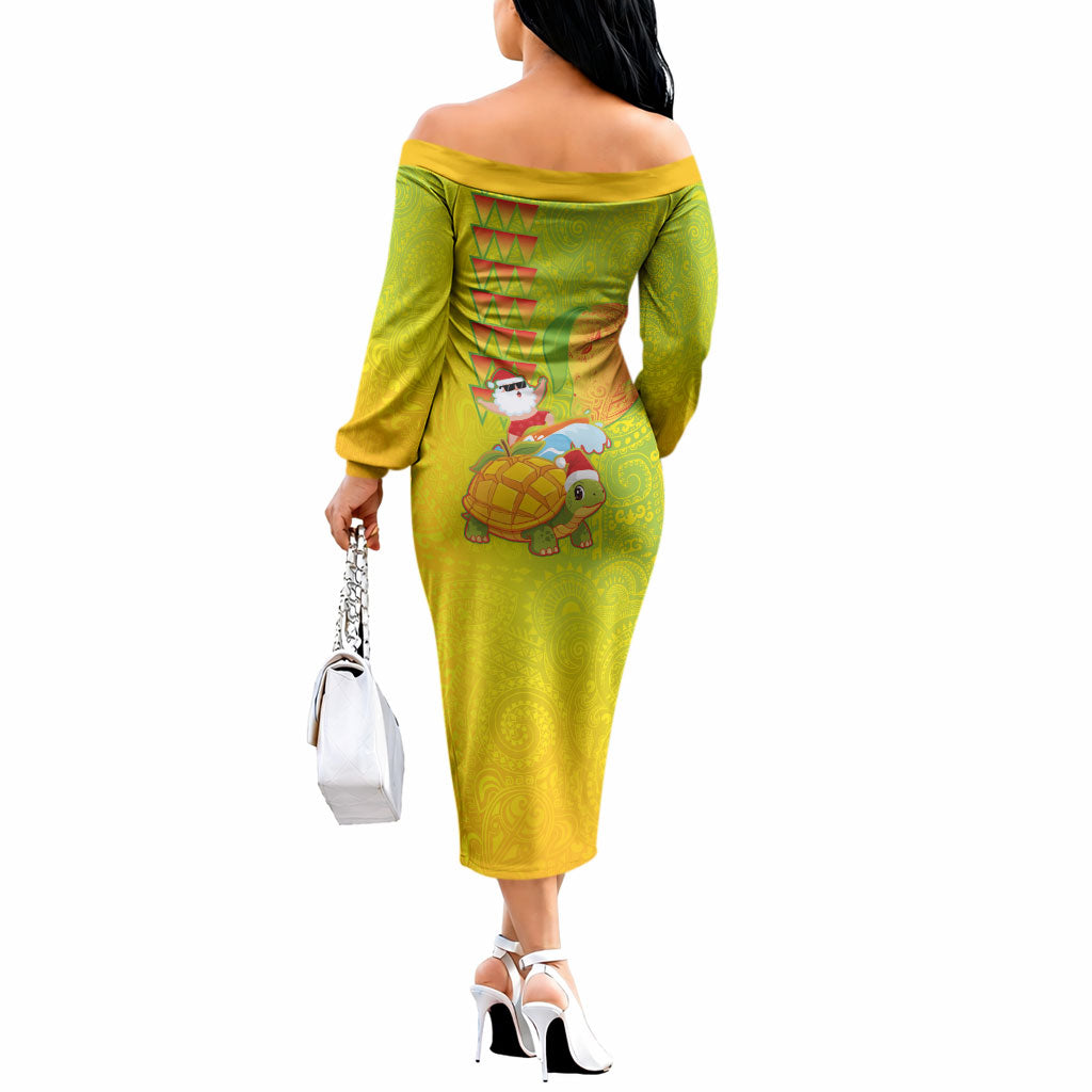 Hawaiian Mango Mele Kalikimaka Off The Shoulder Long Sleeve Dress Santa Claus Surfing with Turtle Mango Christmas