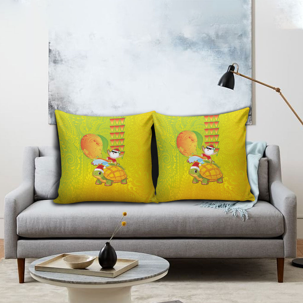 Hawaiian Mango Mele Kalikimaka Pillow Cover Santa Claus Surfing with Turtle Mango Christmas