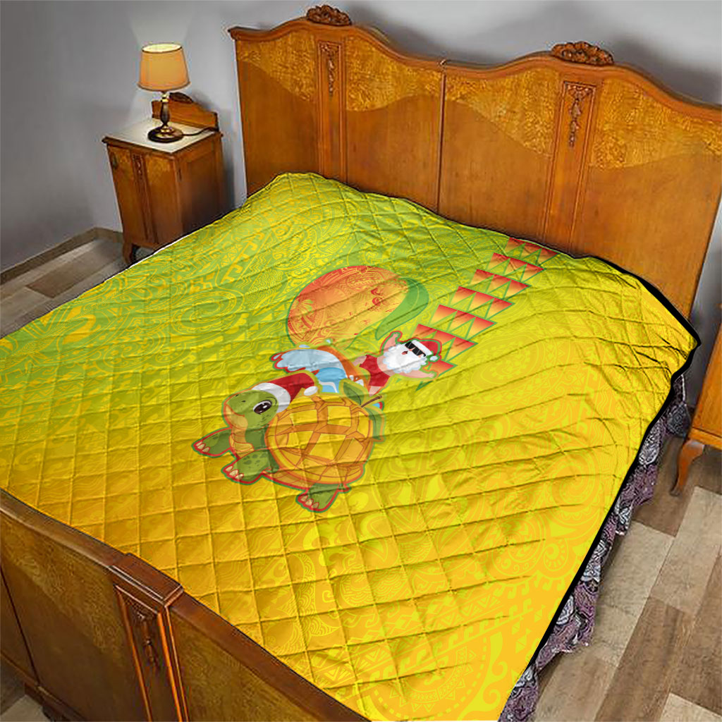 Hawaiian Mango Mele Kalikimaka Quilt Santa Claus Surfing with Turtle Mango Christmas