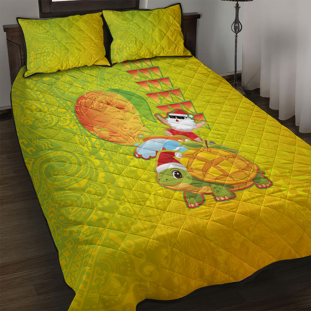 Hawaiian Mango Mele Kalikimaka Quilt Bed Set Santa Claus Surfing with Turtle Mango Christmas
