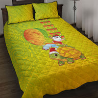 Hawaiian Mango Mele Kalikimaka Quilt Bed Set Santa Claus Surfing with Turtle Mango Christmas