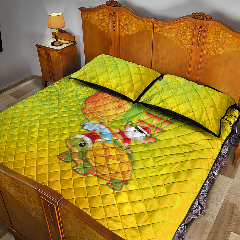 Hawaiian Mango Mele Kalikimaka Quilt Bed Set Santa Claus Surfing with Turtle Mango Christmas